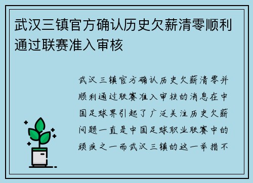武汉三镇官方确认历史欠薪清零顺利通过联赛准入审核 武汉三镇官方确认历史欠薪清零顺利通过联赛准入审核