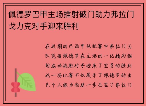 佩德罗巴甲主场推射破门助力弗拉门戈力克对手迎来胜利